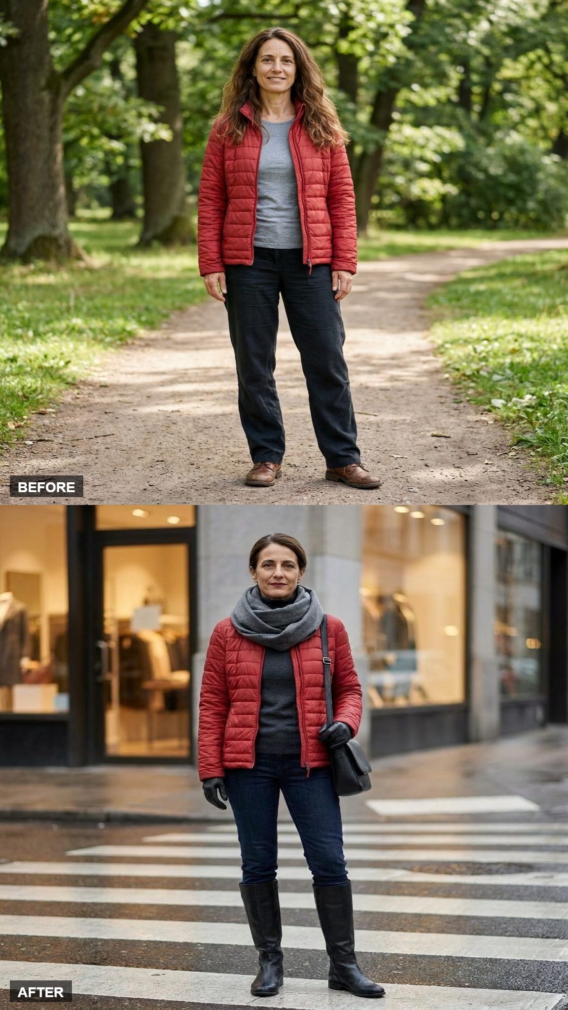 Rainy City Commute in Gray, Indigo, and Red