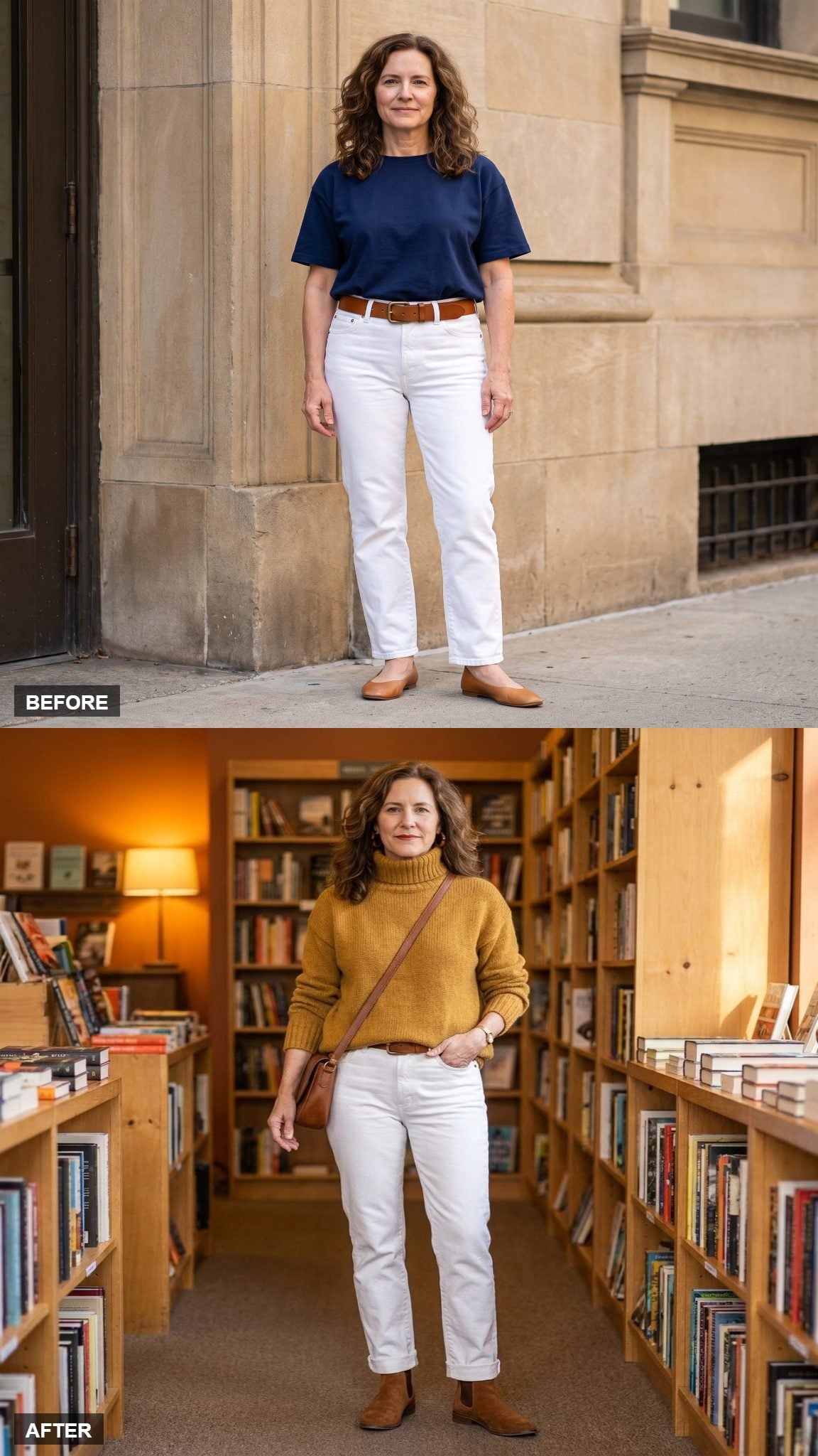 Rainy-Day Bookshop Warmth in Mustard Wool and Suede