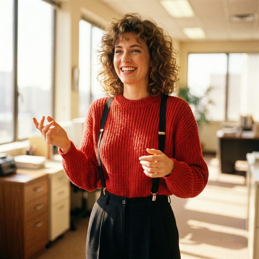 Red knit top with black suspenders and high-rise black trousers
