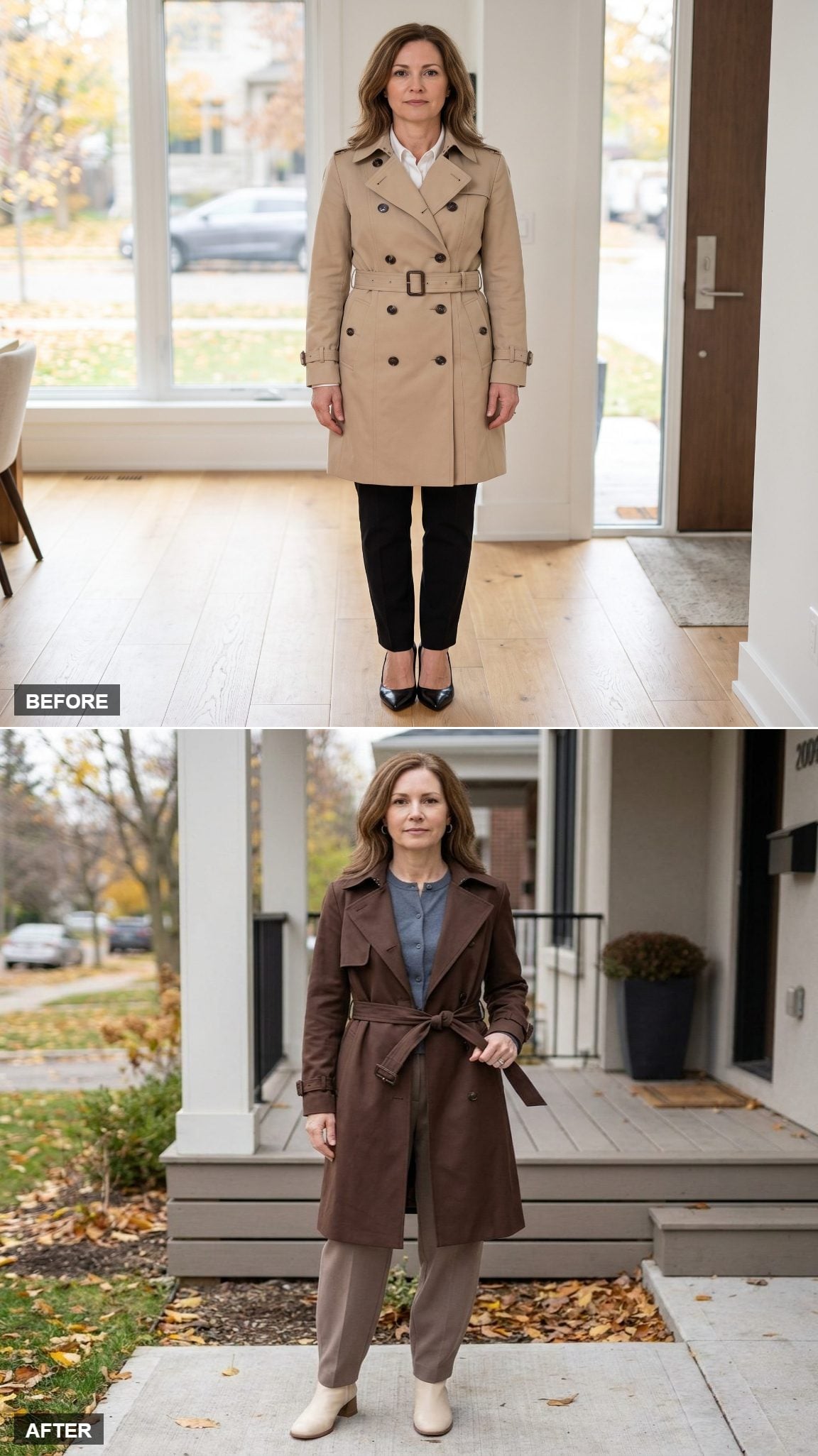 Rich Chocolate Knee Trench, Blue-Gray Cardigan, Taupe Barrel Trousers, and Cream Block-Heel Ankle Boots