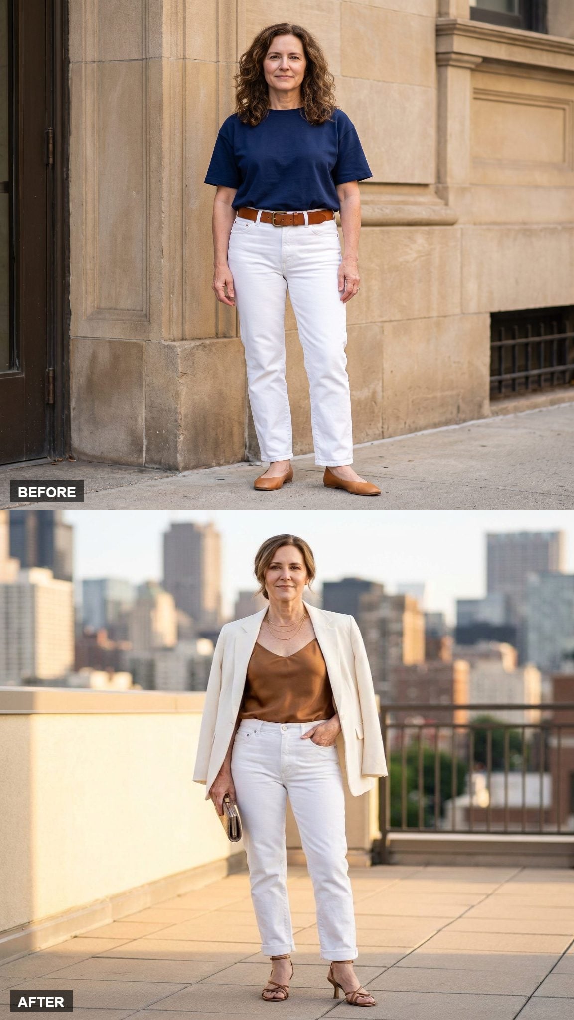 Rooftop Cocktail Confidence in Ivory Silk and Bronze