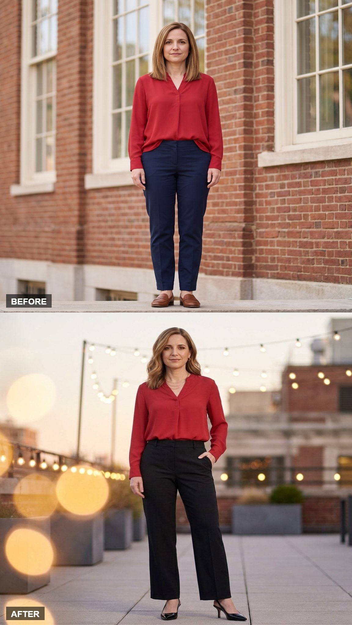 Rooftop Cocktails in Red Silk and Wide-Leg Black