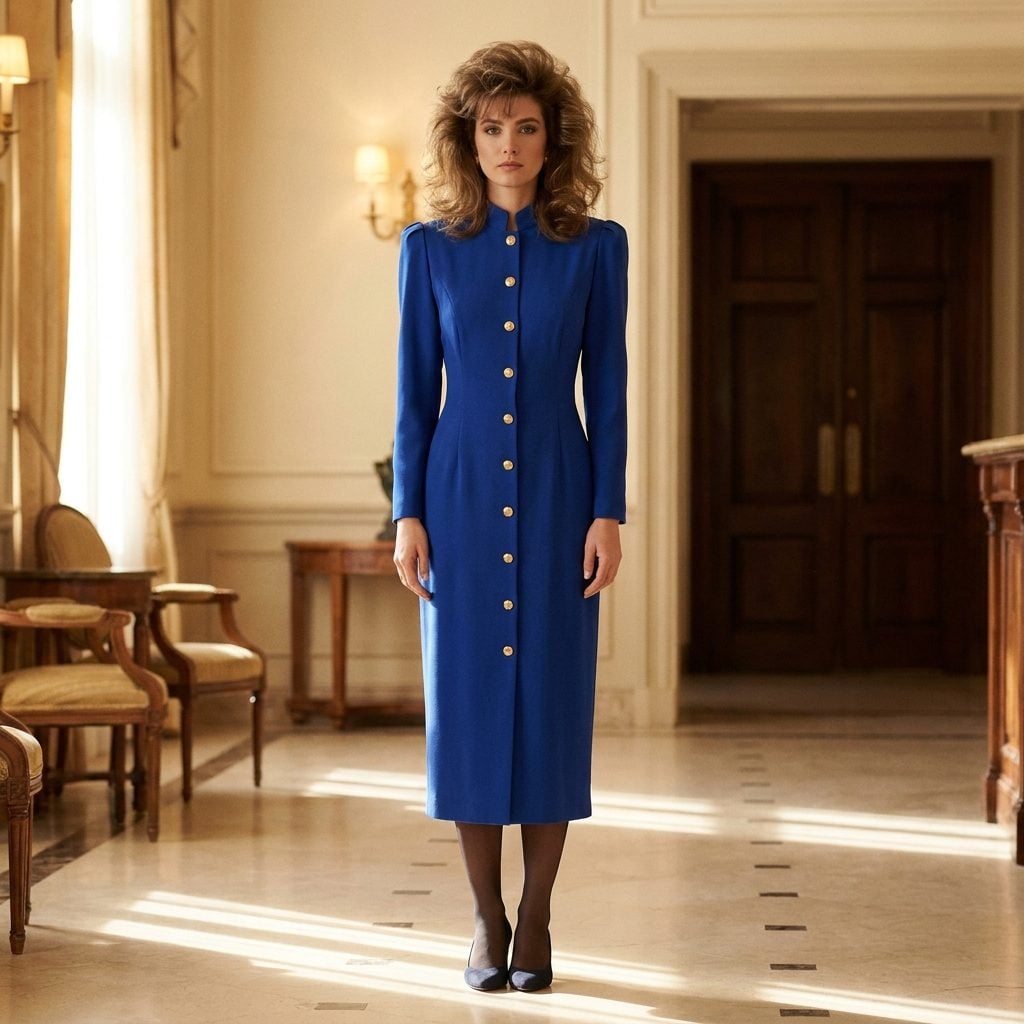 Royal-blue button-front dress with a matching belt and navy accessories