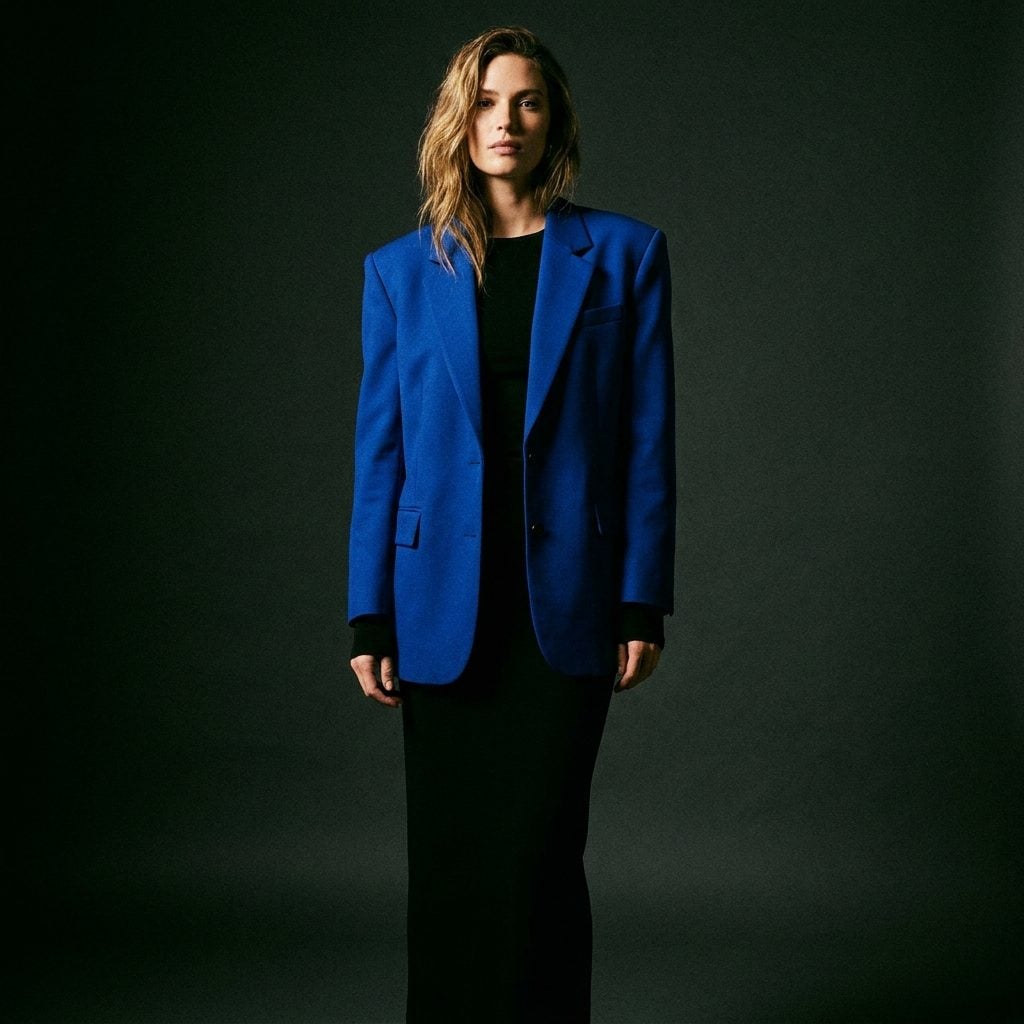 Royal-Blue Jacket Over a Black Shell and Black Skirt