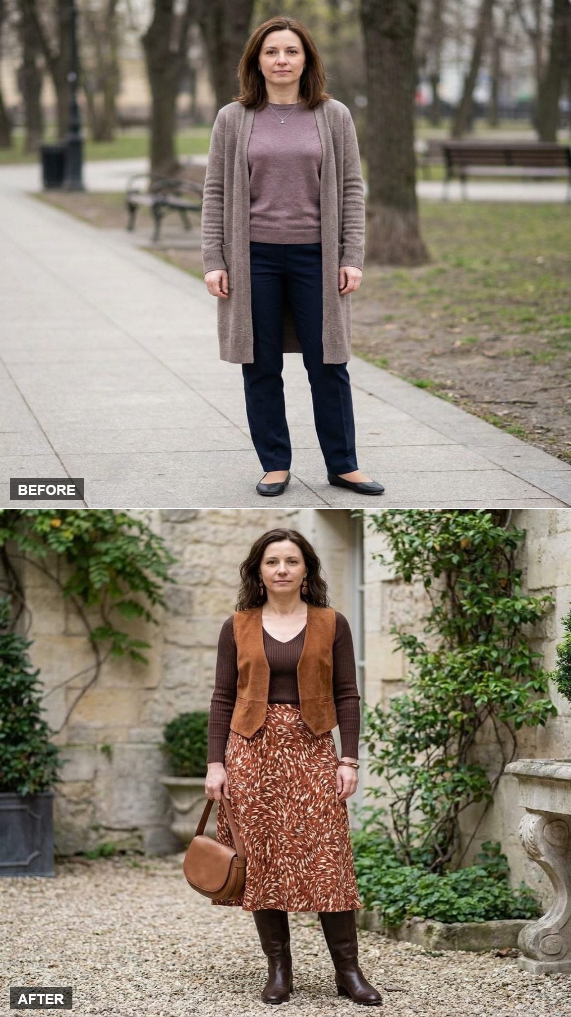 Rust Abstract-Print Midi Skirt, Chocolate Ribbed Knit Top, and Cognac Suede Vest in a Stone Courtyard
