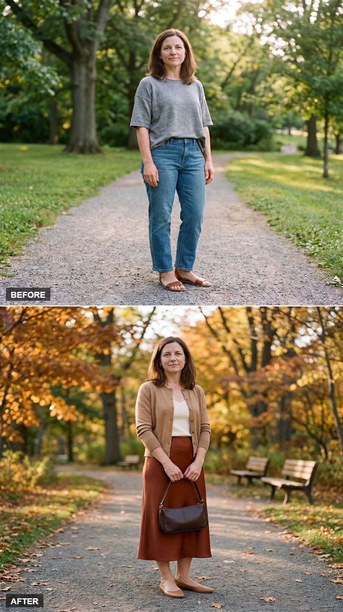 Rust Bias Midi Skirt, Waist-Length Camel Cardigan, and Ivory Camisole, Autumn Proportion Done Right