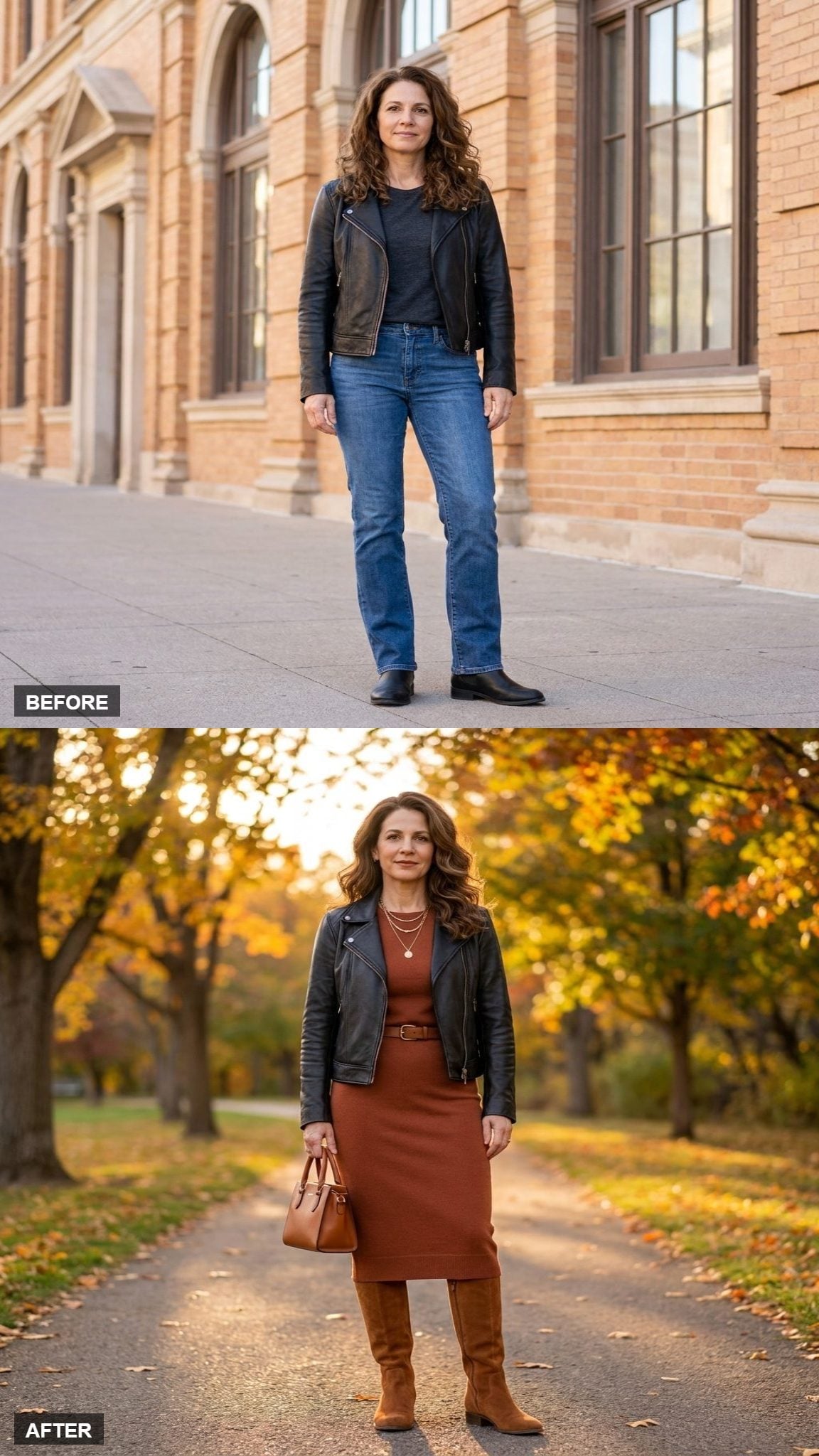 Rust Knit Dress and the Moto for a Long Fall Evening