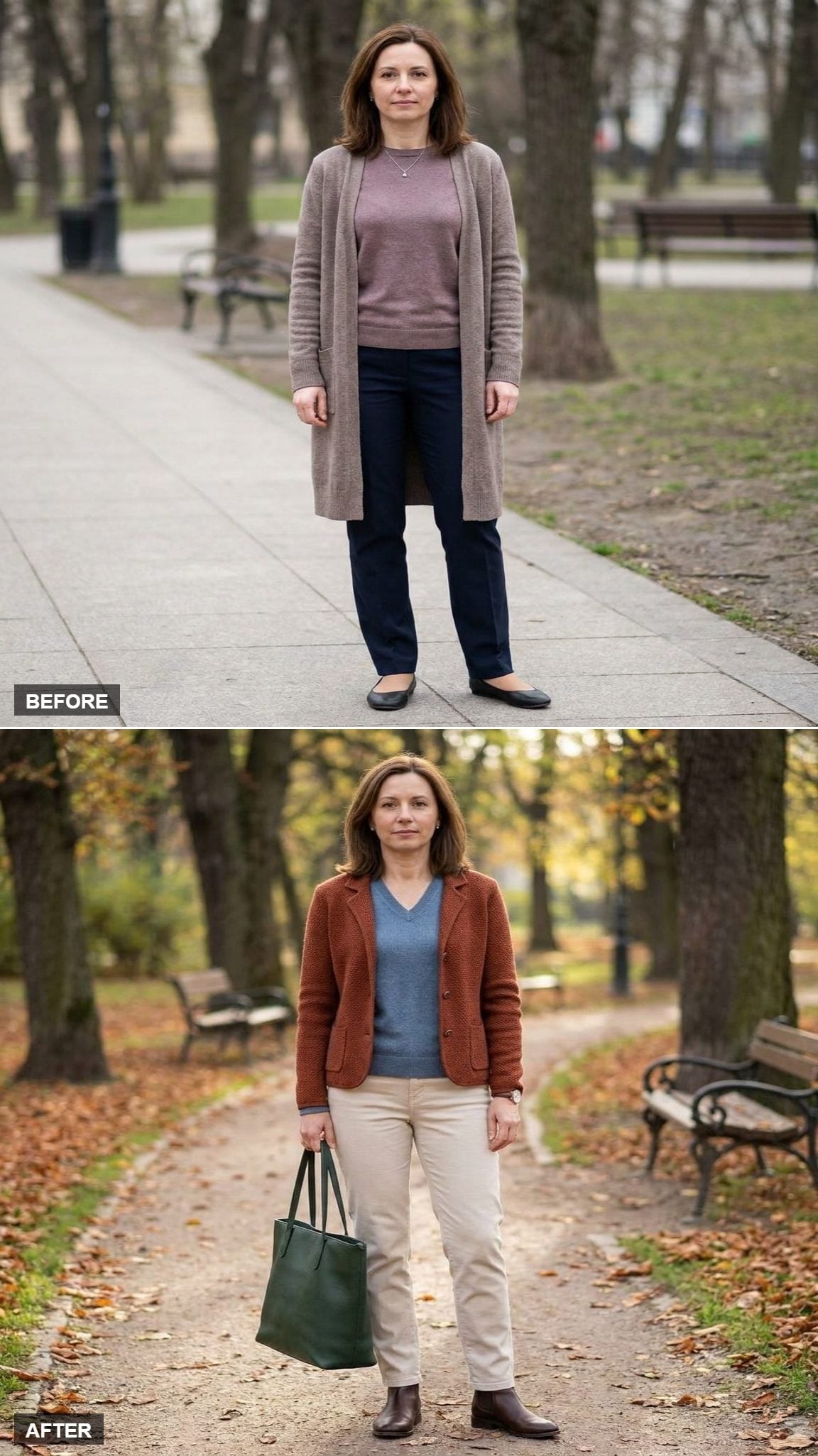 Rust Knit Jacket, Dusty-Blue V-Neck, and Dark-Ecru Trouser Jeans in an Autumn Park