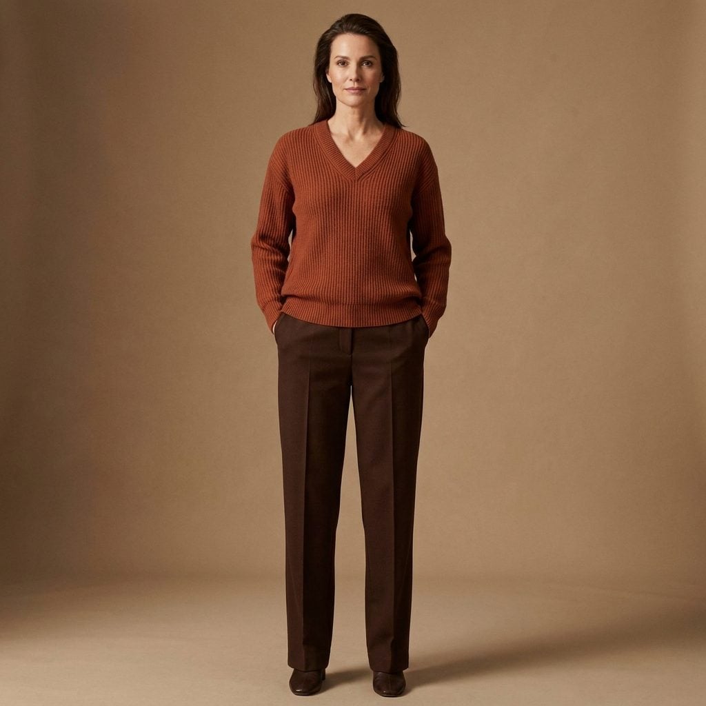 Rust Ribbed Knit + Chocolate Straight Trousers