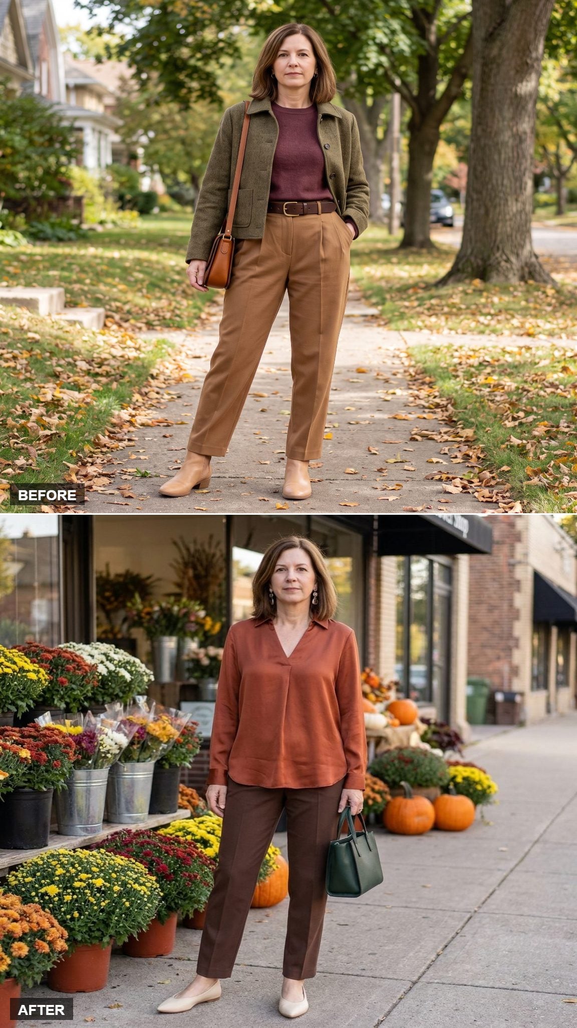 Rust Satin Blouse Untucked Over Chocolate Tapered Trousers With Cream Pointed Flats