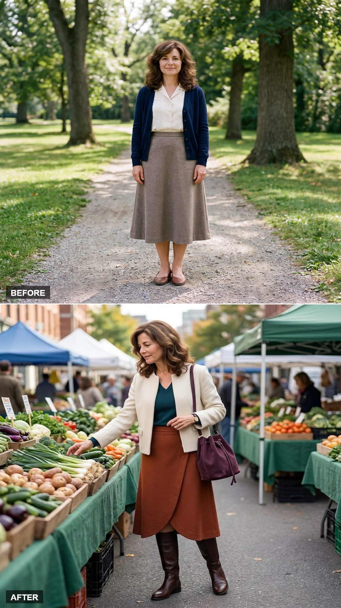Rust Wool-Crepe Wrap Midi with a Dark Teal V-Neck Knit, Ivory Collarless Jacket, and Espresso Riding Boots