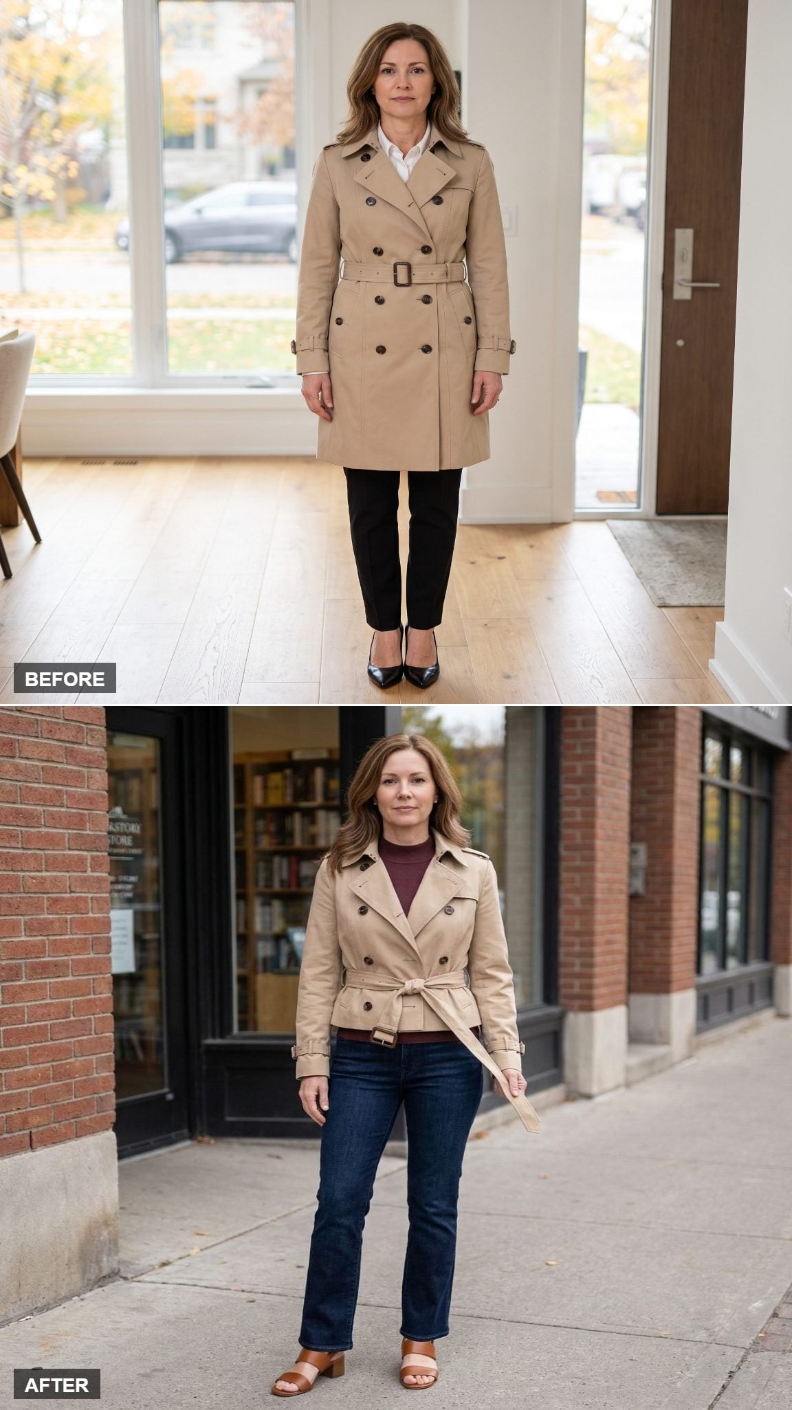 Sand Cropped Double-Breasted Trench, Burgundy Mock-Neck, and Dark Bootcut Jeans Outside a Brick Bookstore