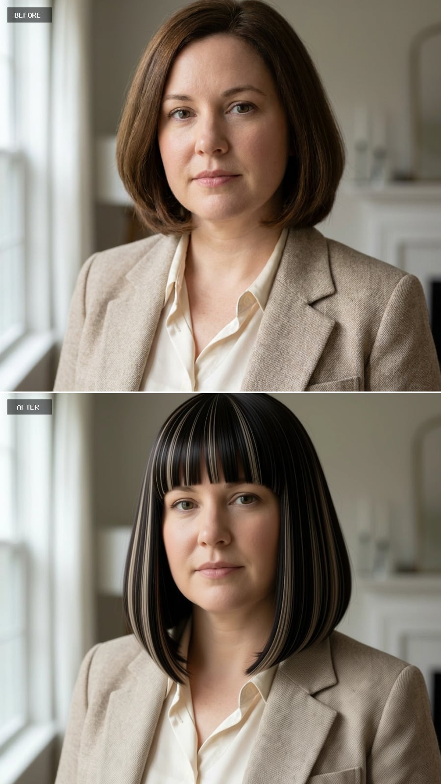 Bold Bangs and Black-with-Highlights Bob That Refuses to Let a Round Face Be Ignored