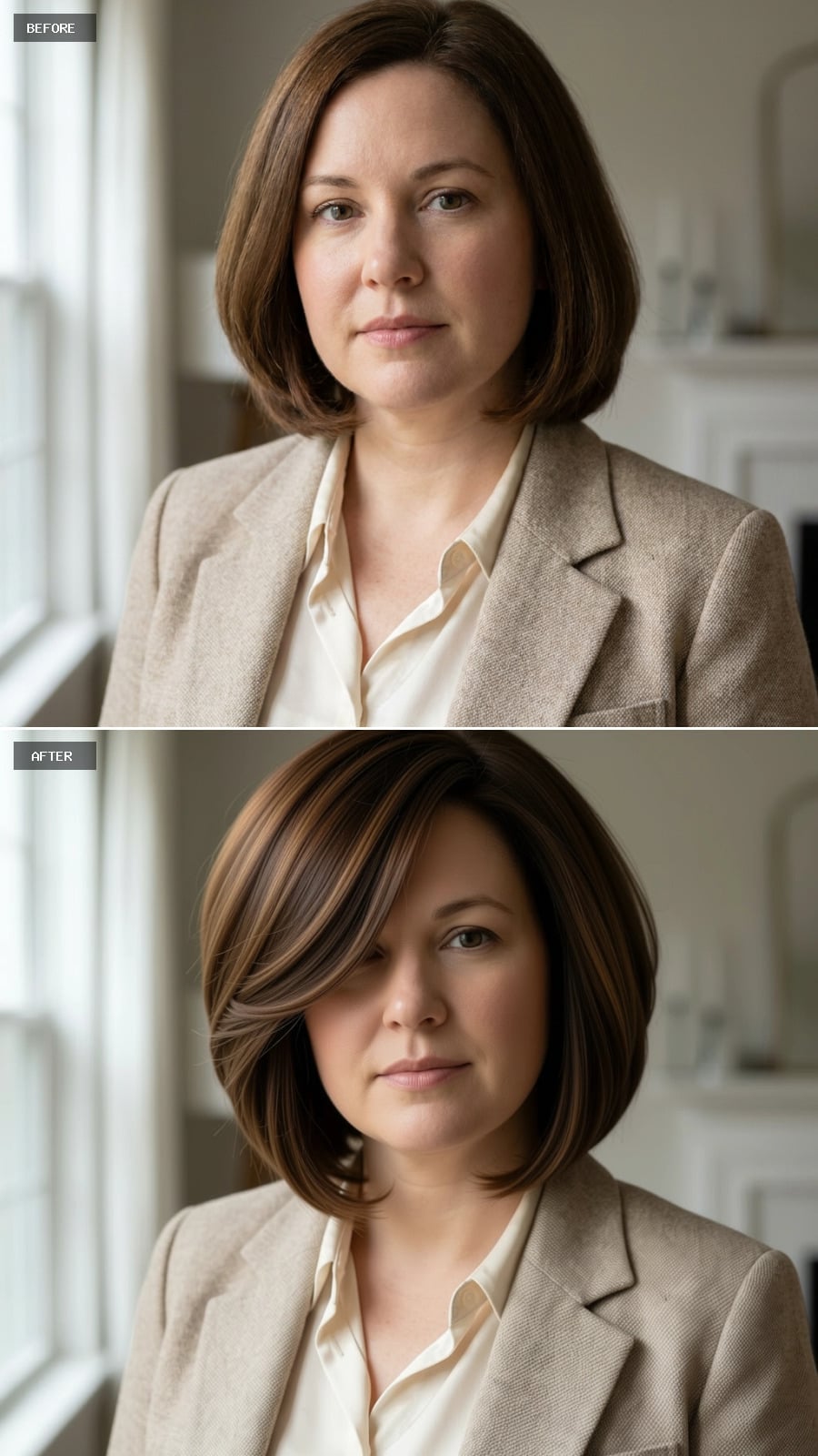 Brown Bob With Caramel Ribboning That Quietly Convinces a Round Face to Reconsider Itself