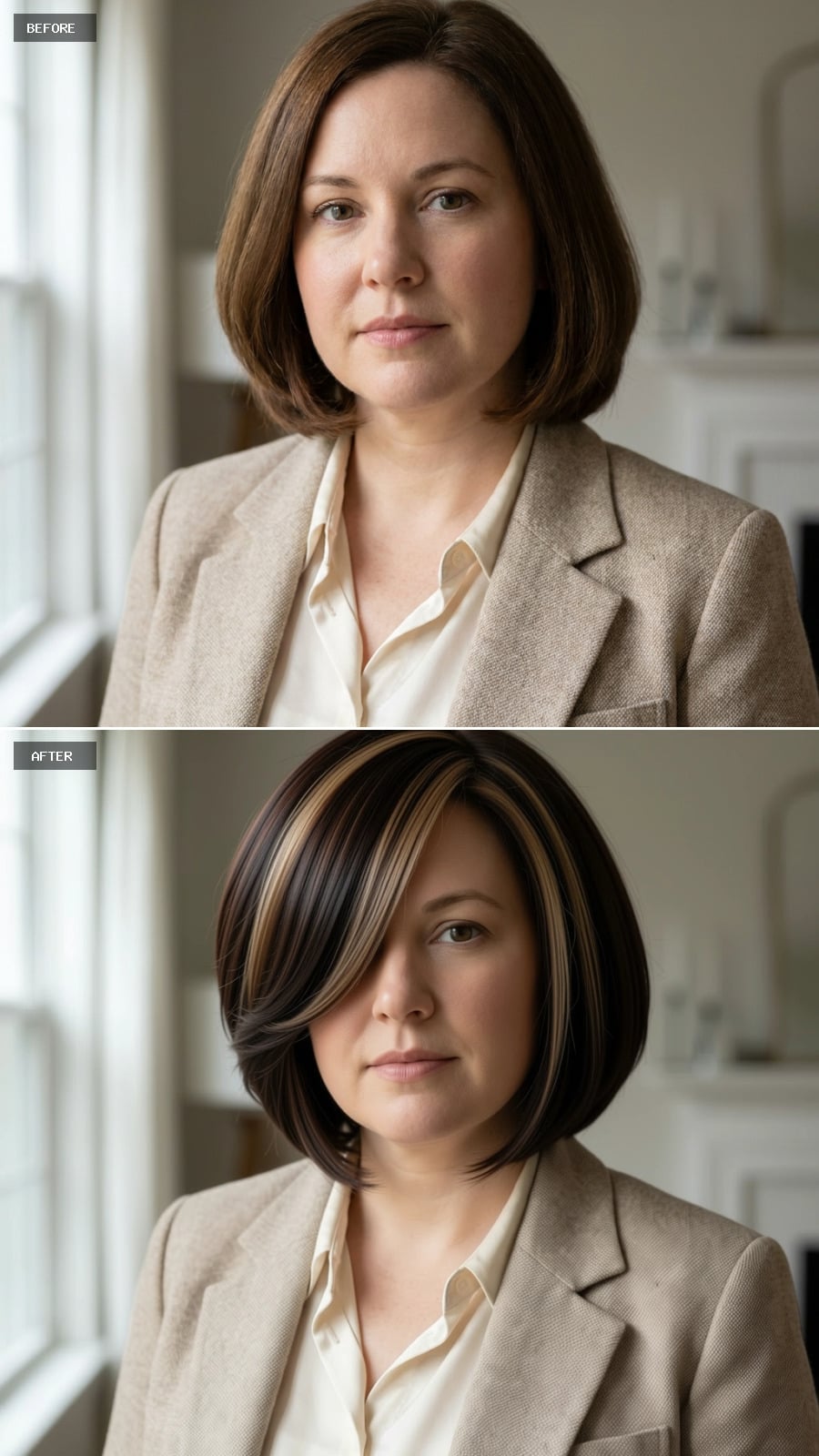 Contrast Highlights and a Bob That Talks a Round Face Out of Its Own Logic