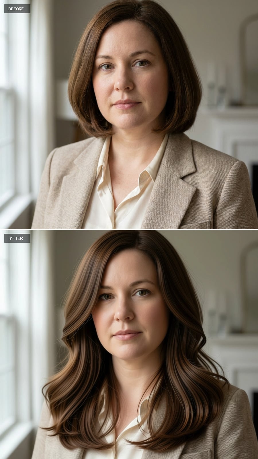 Long Layers and Caramel Highlights That Quietly Argue a Round Face Into a Different Shape