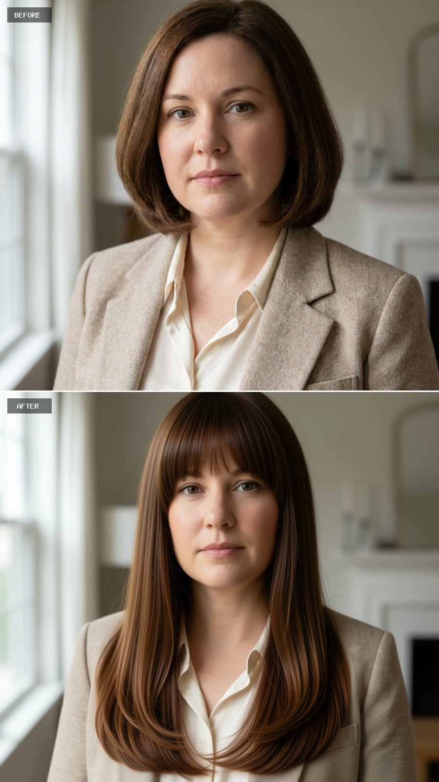 Long Layers With Blunt Bangs That Finally Give a Round Face Somewhere to Land