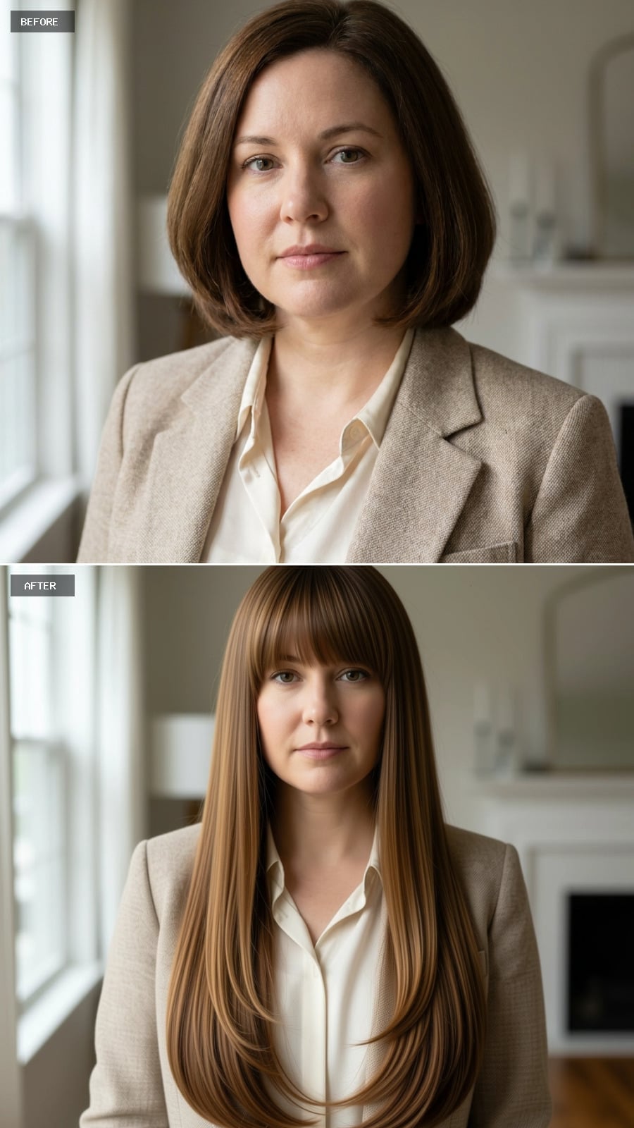 Long, Straight, and Banged: How One Cut Makes a Round Face Read Completely Differently