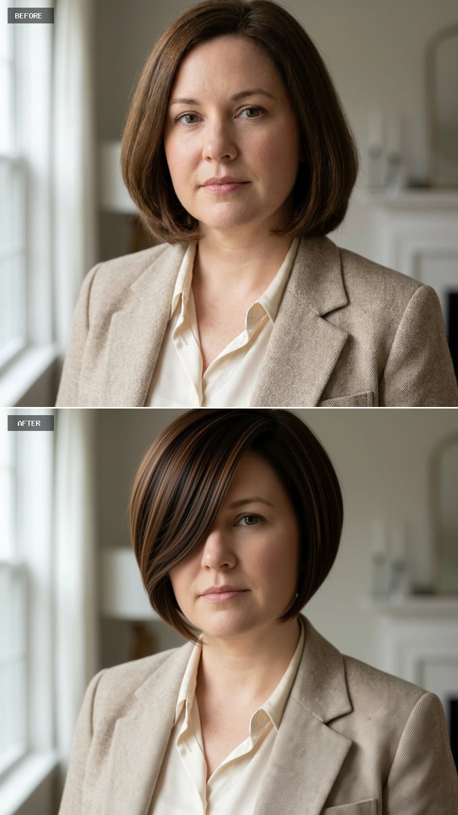 Precision Bob With Caramel Streaking That Makes a Round Face Stop Arguing