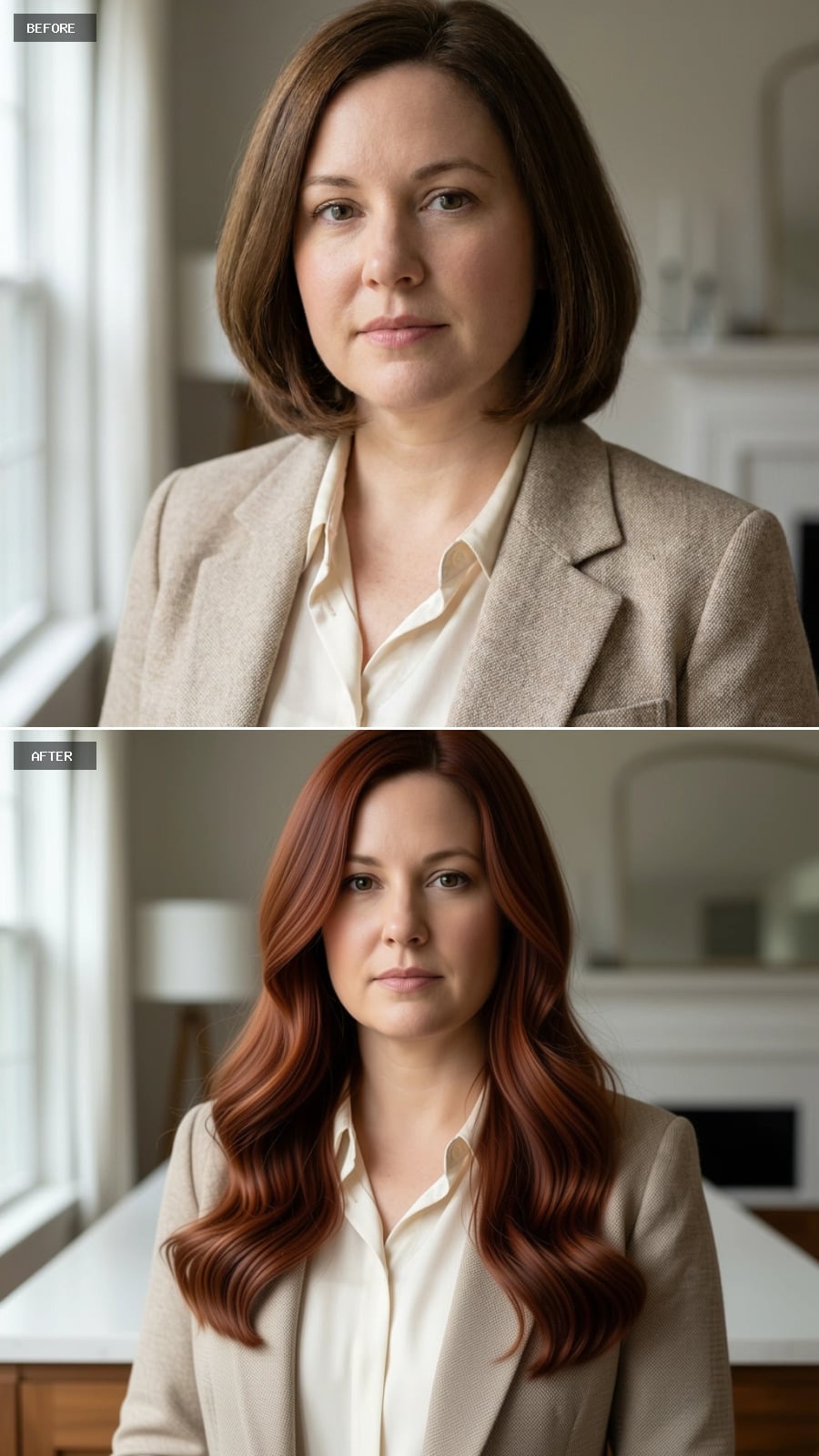 Rich Auburn Length That Sculpts a Round Face Without Touching the Bone Structure