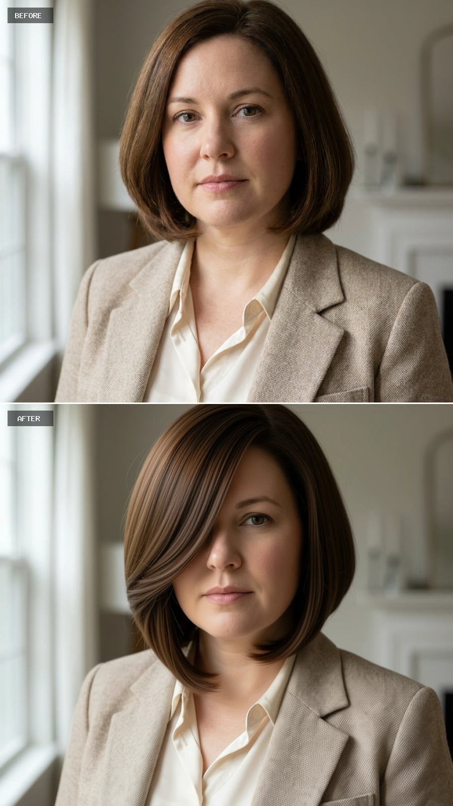 Side-Swept Bob With a Blunt Interior Line That Quietly Narrows a Round Face