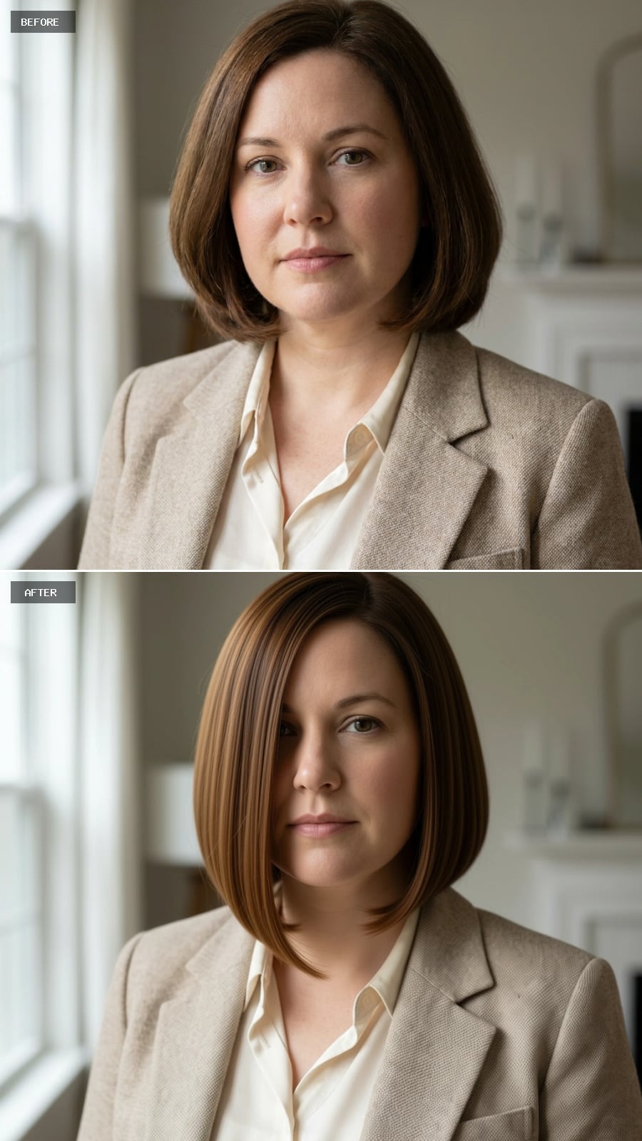Sleek Bob With Warm Brunette Panels Rewrites What a Round Face Can Pull Off