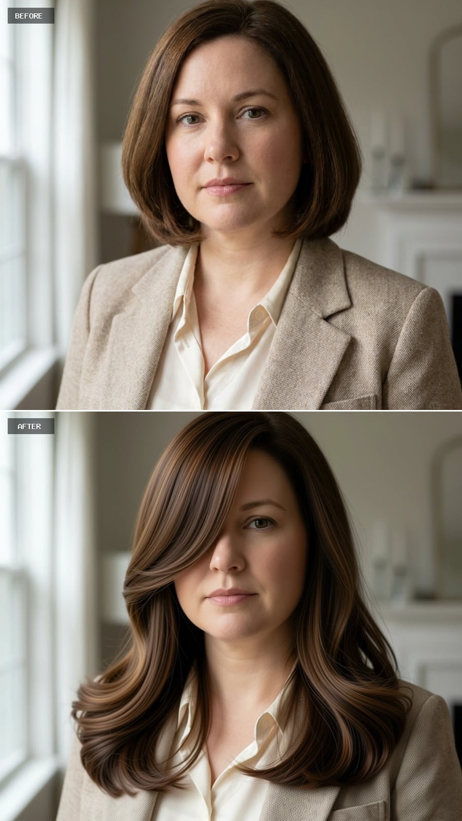 Soft Waves and a Side-Swept Bang That Quietly Elongate a Round Face