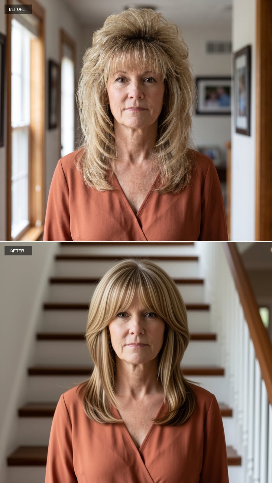 Blonde Layers and Swept Bangs Draw a Clean Diagonal Across the Face