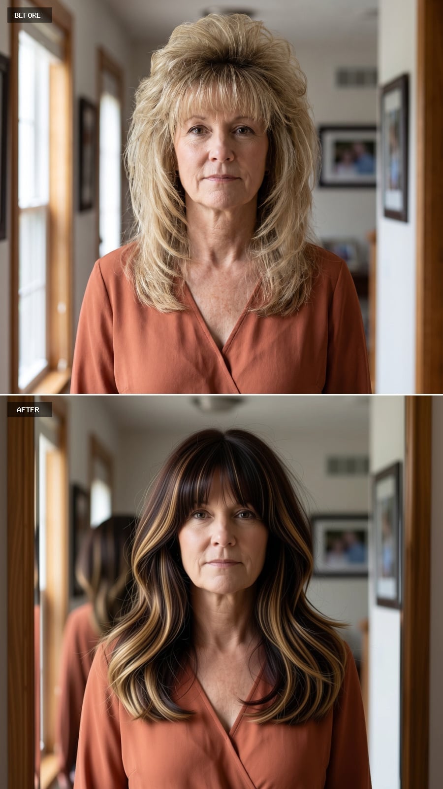 Brunette Balayage With Full Bangs Gives the Waves a Stronger Center