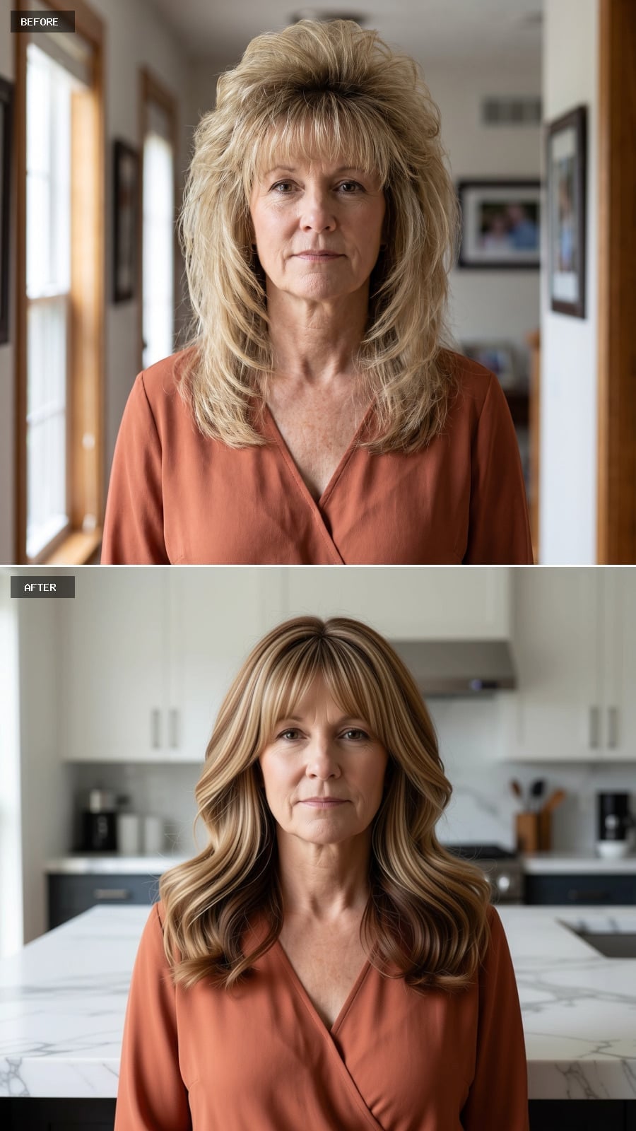 Caramel Balayage and Rounded Curtain Bangs Add Softness Without Bulk