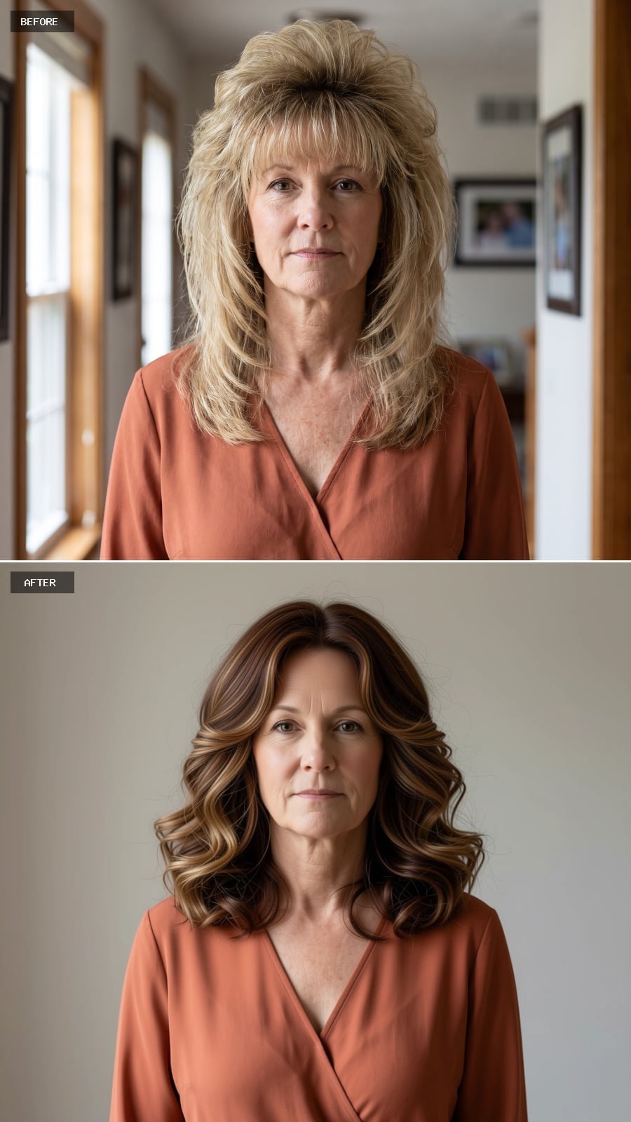 Dark Brown With Caramel Ribbons Makes the Outward Curls More Visible