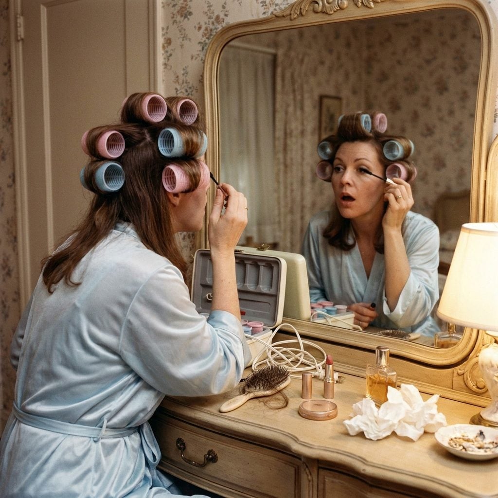 She Sat at the Vanity With Hot Rollers Covering Her Head