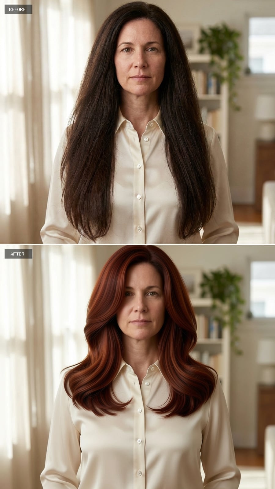 Shoulder-length auburn layers with copper-toned dimension
