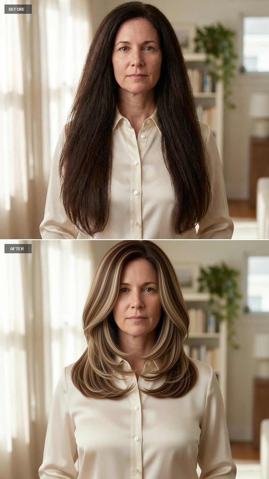 Collarbone-length balayage layers with warm brunette and blonde tones
