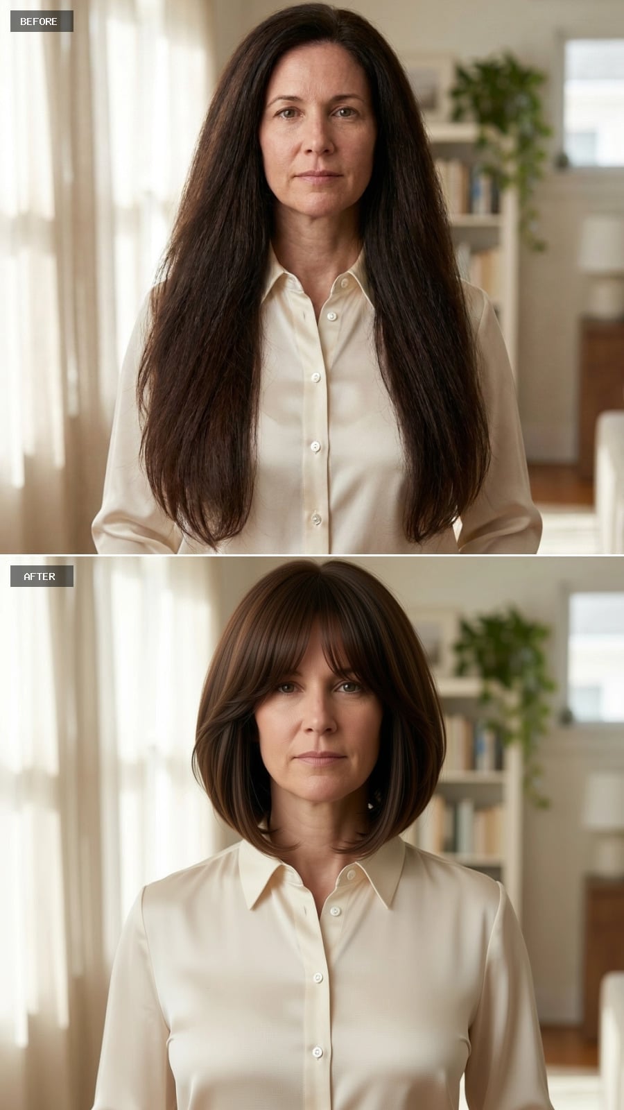 Rounded dark brunette bob with straight fringe