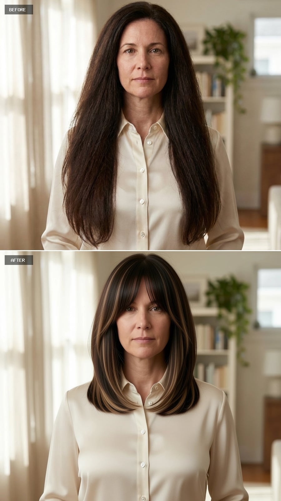 Shoulder-length brunette layers with full bangs and caramel highlights