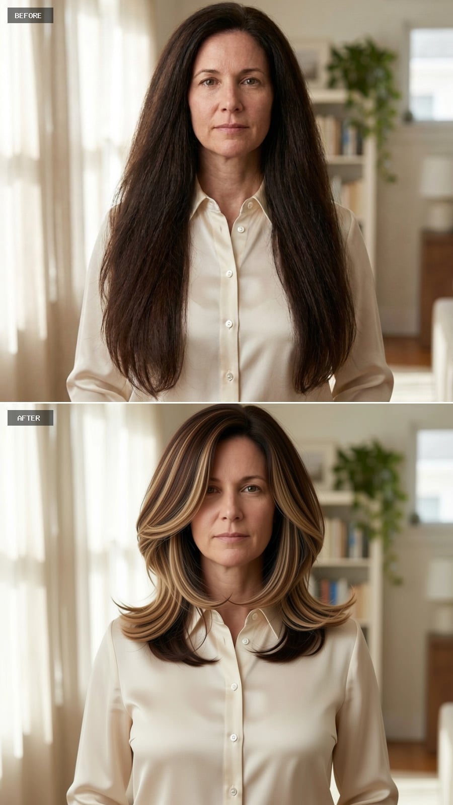 Dark brunette collarbone haircut with warm blonde face-framing highlights