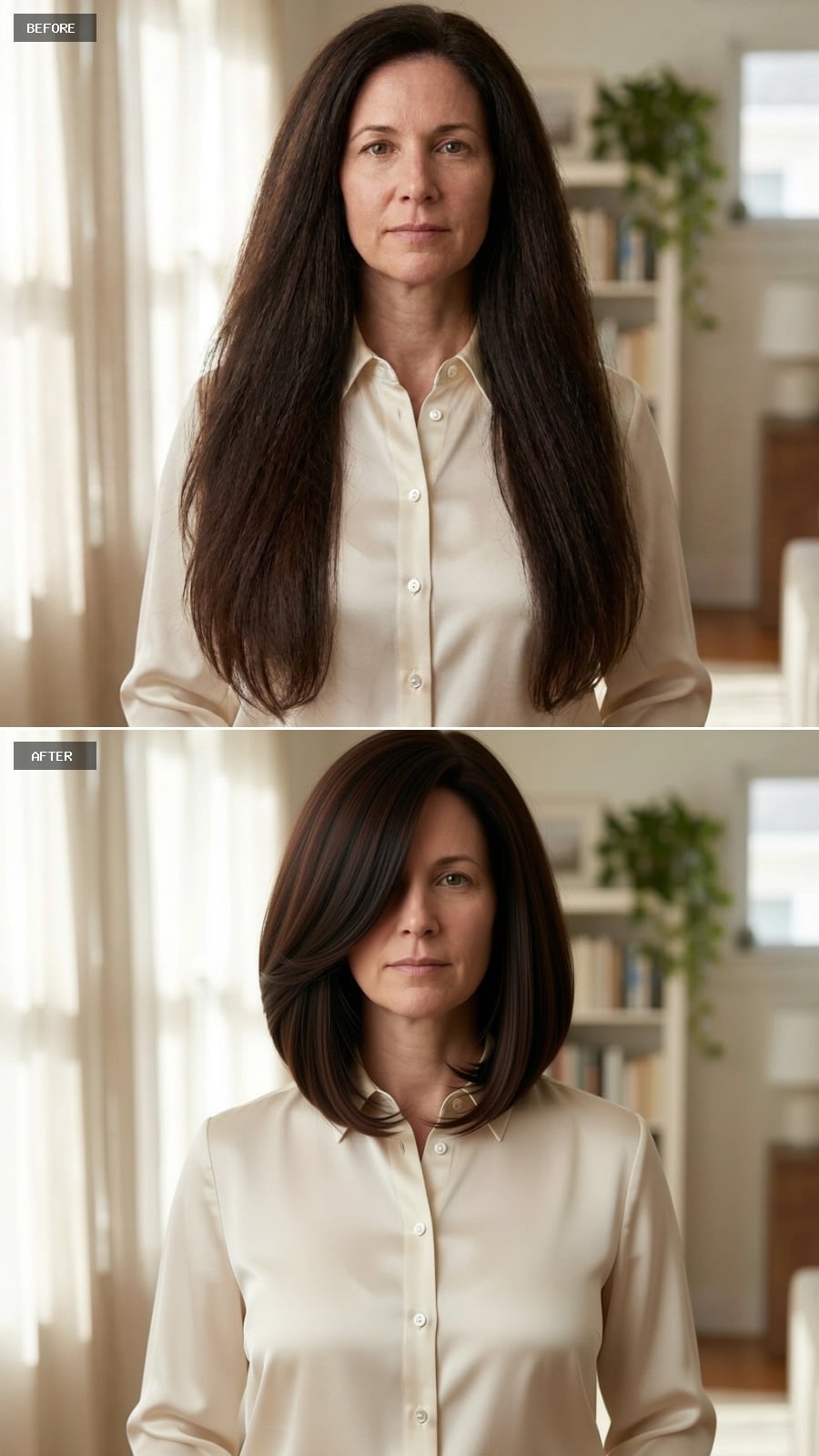 Dark brunette bob with side-swept styling