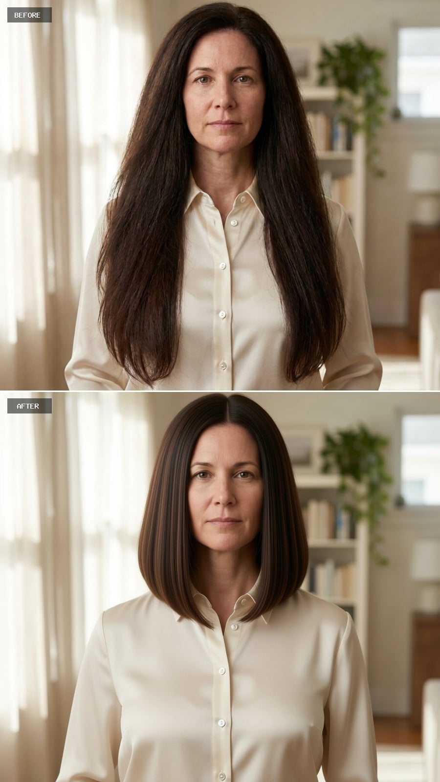 Sleek jaw-length brunette bob with center part