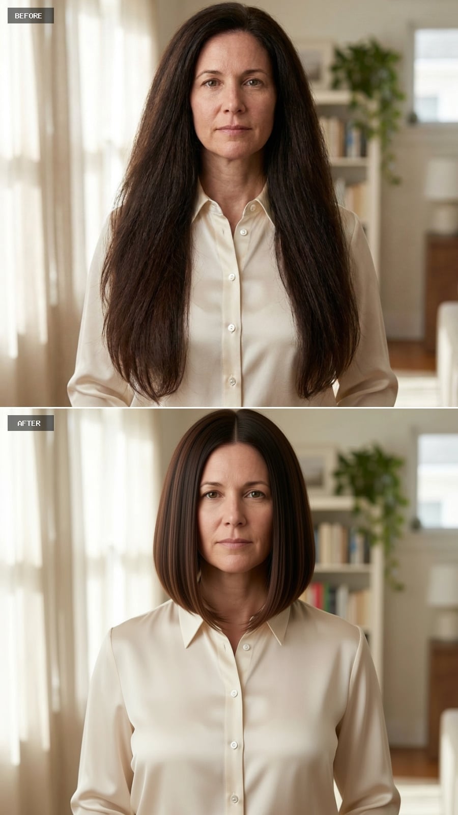 Center-parted brunette bob with blunt ends