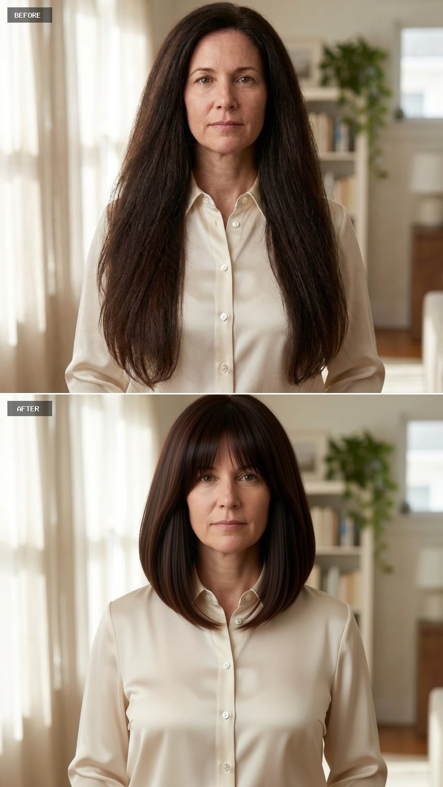 Dark brunette collarbone bob with blunt fringe