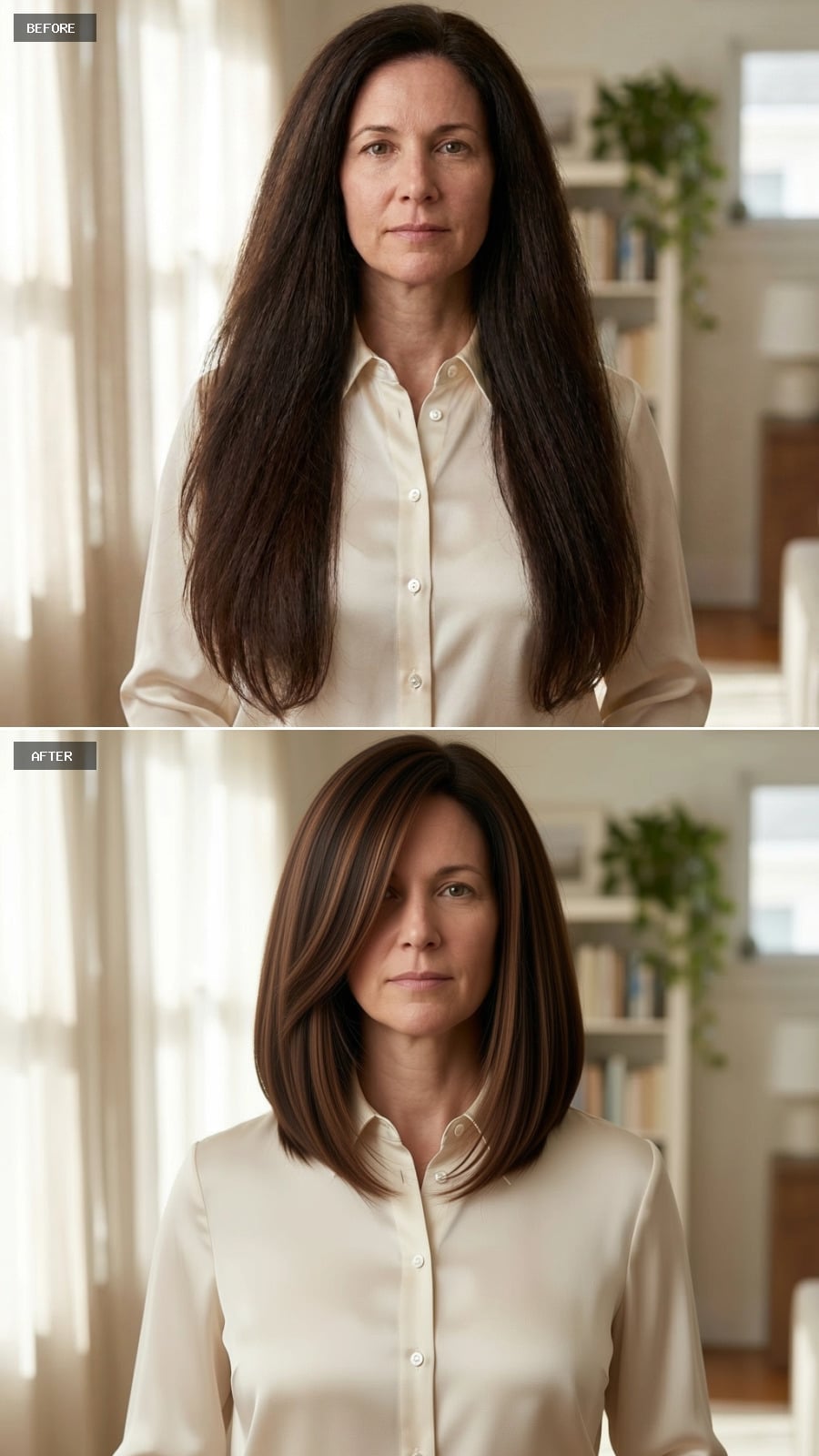 Brunette lob with caramel highlights and side-swept styling