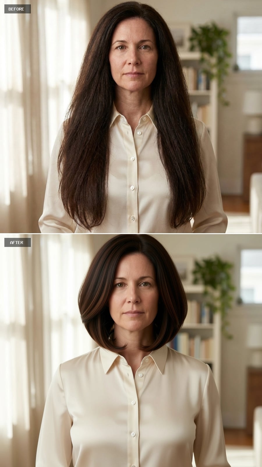 Chin-length brunette bob with subtle warm brown highlights