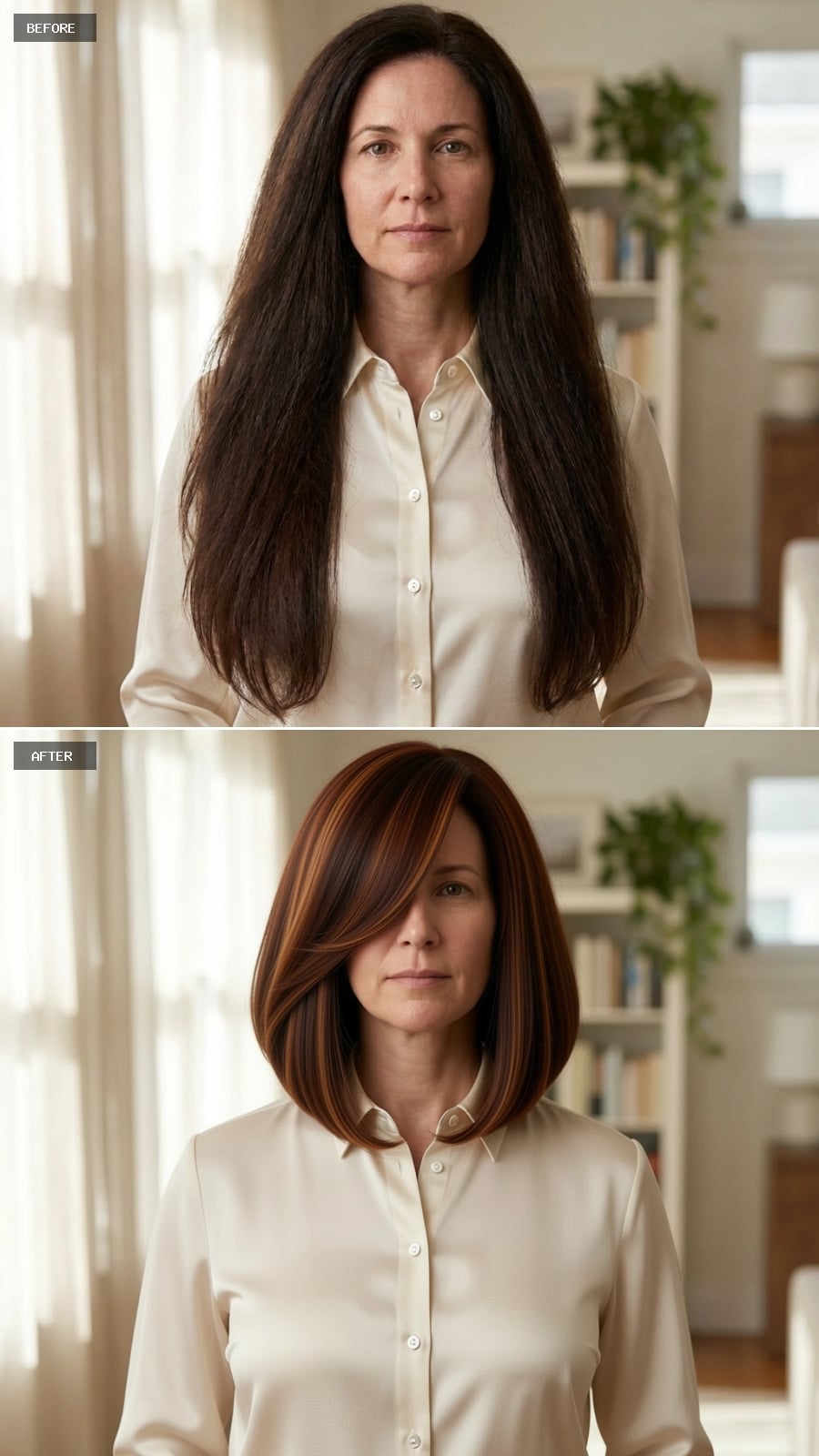 Angled reddish-brown bob with copper highlights