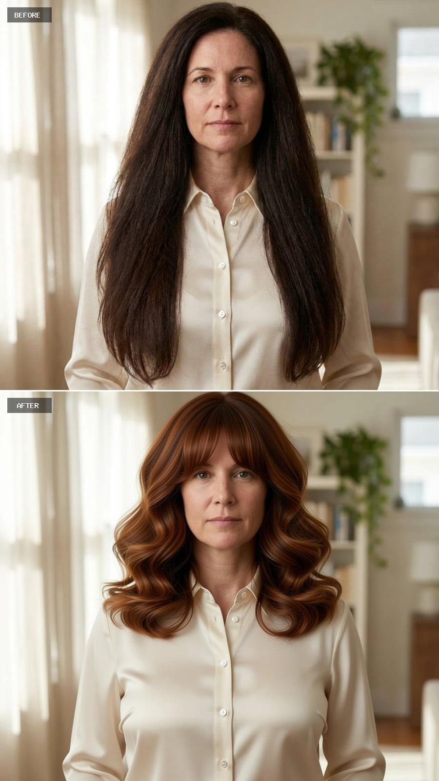Shoulder-length copper waves with straight bangs