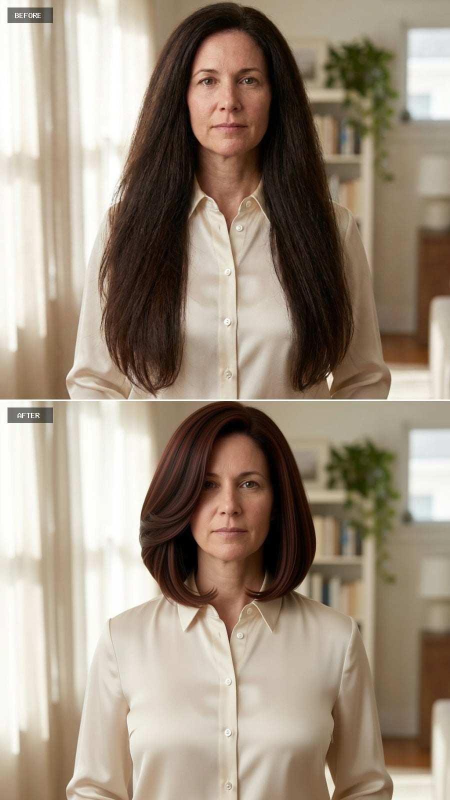 Dark auburn jaw-length bob with burgundy-toned highlights