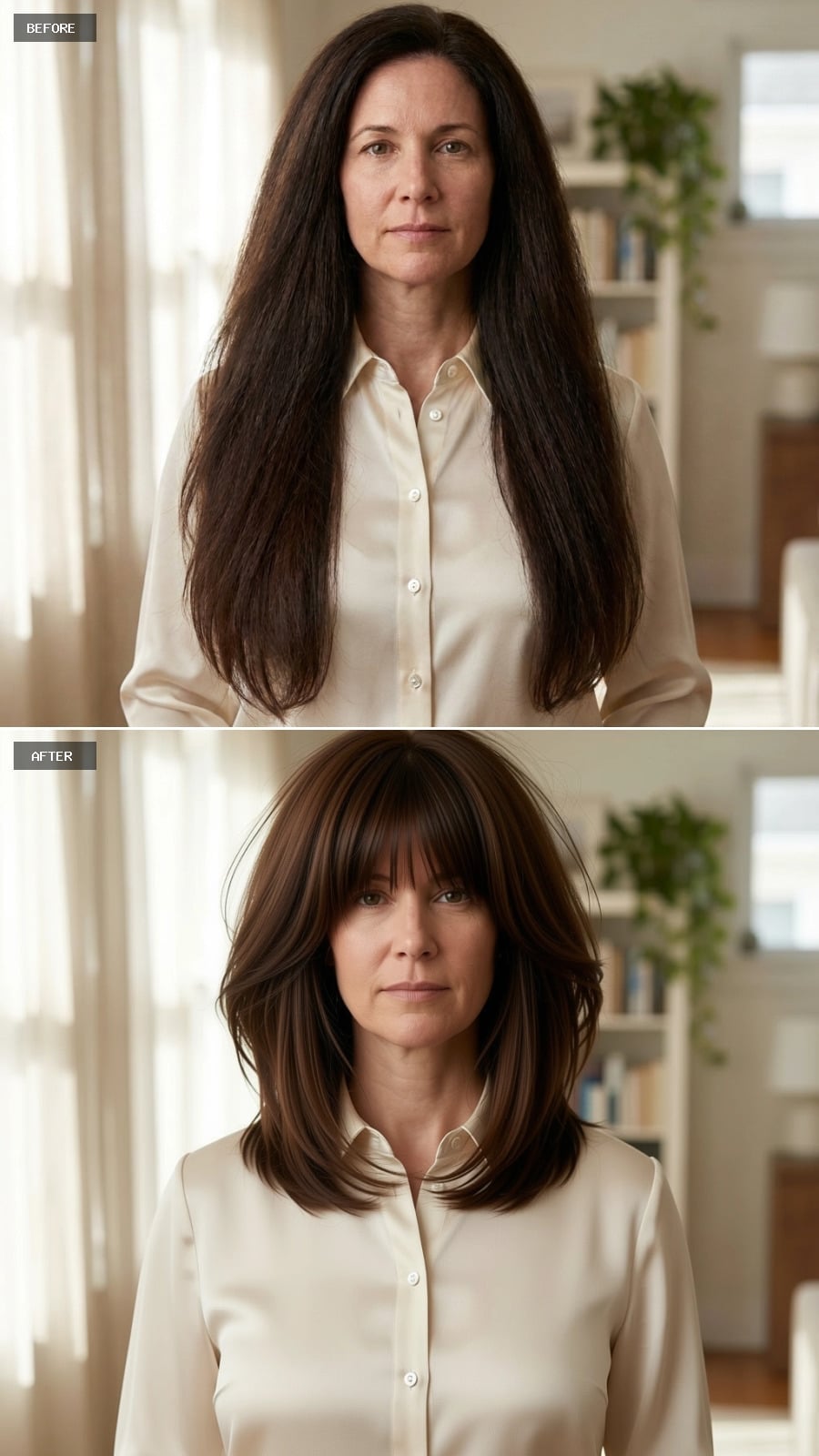 Shoulder-length dark brunette haircut with straight fringe