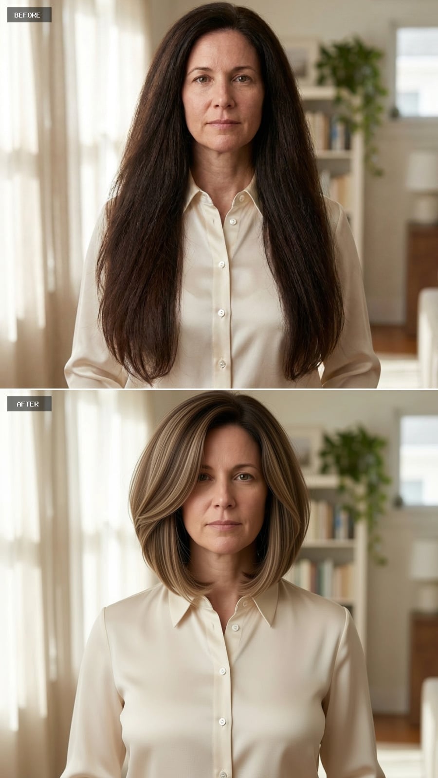 Jaw-length brunette bob with warm blonde face-framing highlights