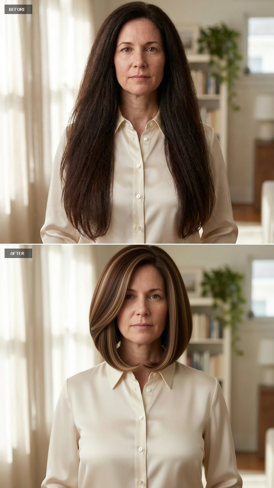 Jaw-length brunette bob with caramel face-framing highlights