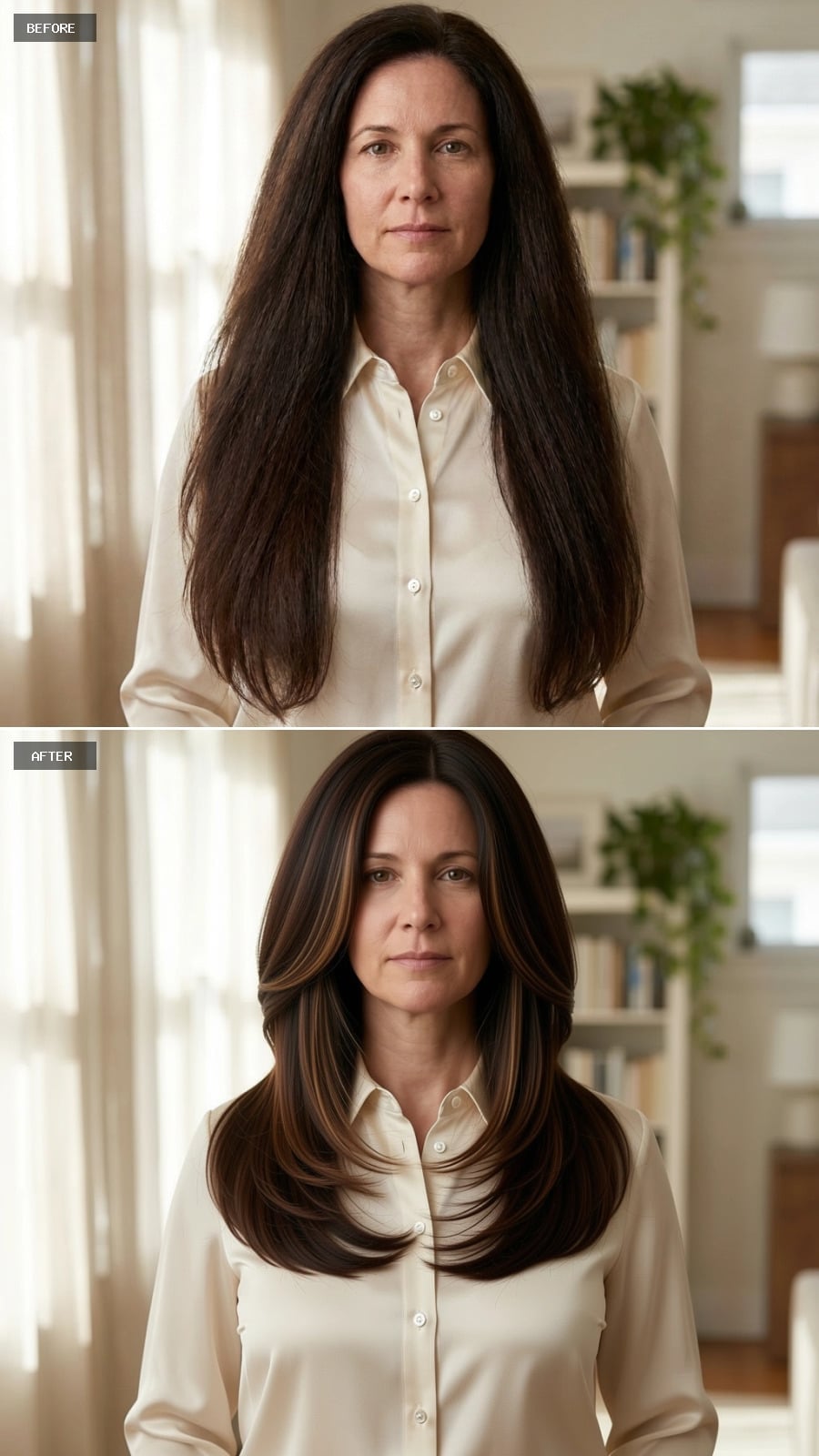 Voluminous collarbone-length layered brunette haircut with caramel highlights
